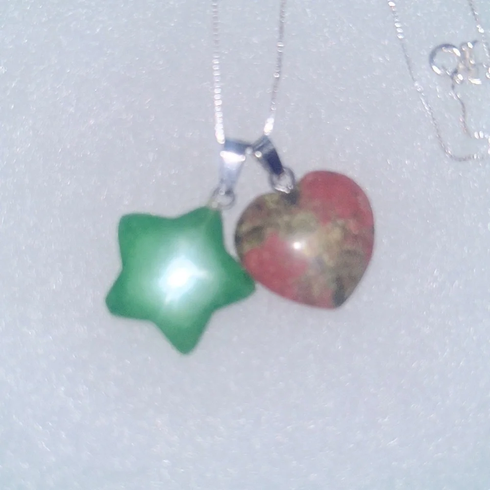 Jade Star and Unakite Heart sterling silver 16” necklace
